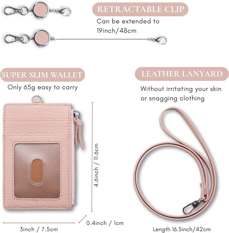 EutDett Leather Lanyard Wallet with ID Badge Holder, Minimalist Wallet for Women & Men, Women's ID Case with Zipper Pocket, Breakaway Lanyard & Retractable Reel Clip for Teacher Nurse Student (Light Pink) - Image 3